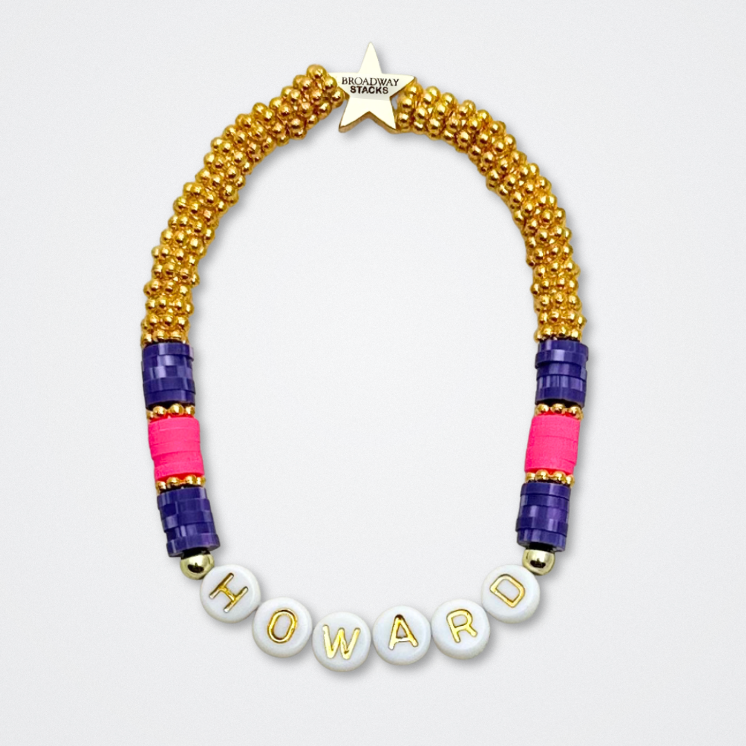 Broadway Stacks QUEEN collection. Stretch bracelets included in Stack. Gold, yellow, green, white, red, pink and blue colored beads. Letter beads that spell each queen. Also Herstory collection. Broadway Stacks gold star logo bead to remind you that You Shine. SIX the Musical fans.