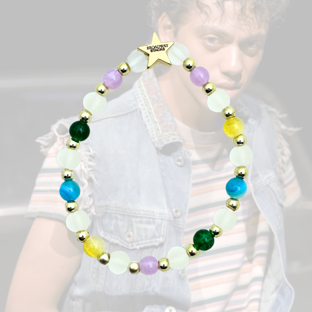 Broadway Stacks STAY GOLD collection. Stretch bracelets included in Stack. Inspired by Johnny Cade from The Outsiders. Broadway Stacks gold star logo bead on back.