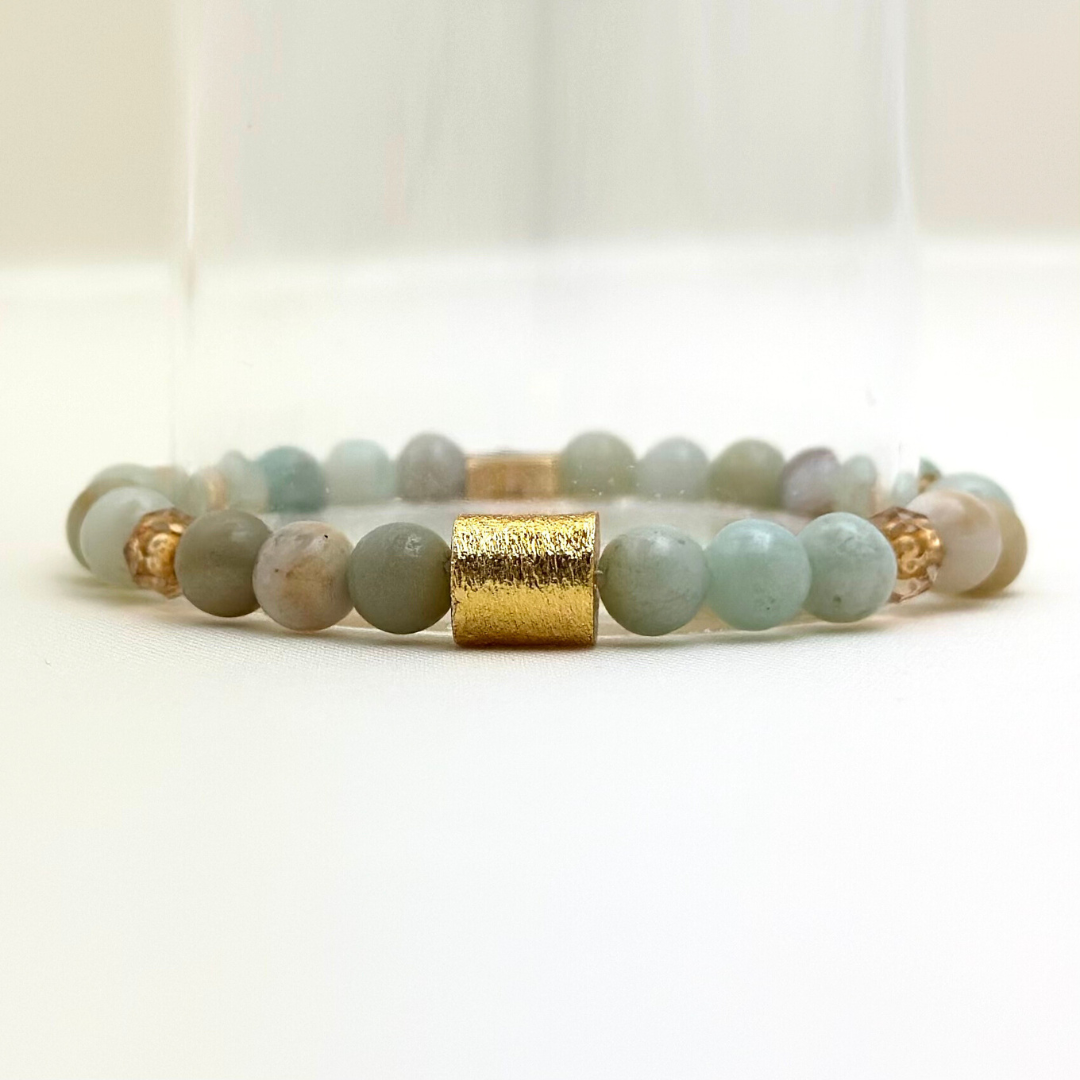 Broadway Stacks Motherlode Special Edition bracelets. Stretch bracelets. Greens, browns, white and gold colored beads. Letter beads that spell Motherlode, Boy Mom, Girl Mom, Twin Mom,