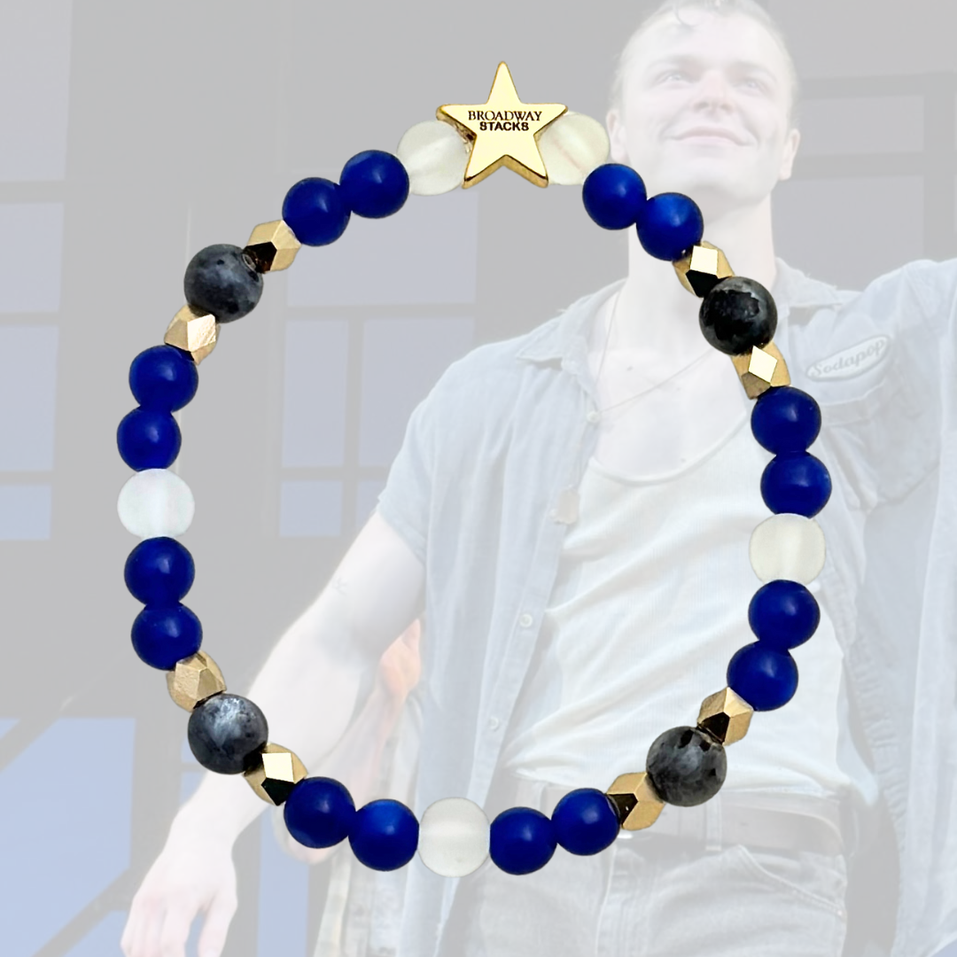 Broadway Stacks STAY GOLD collection. Stretch bracelets included in Stack. Inspired by Sodapop Curtis from The Outsiders. Broadway Stacks gold star logo bead on back.