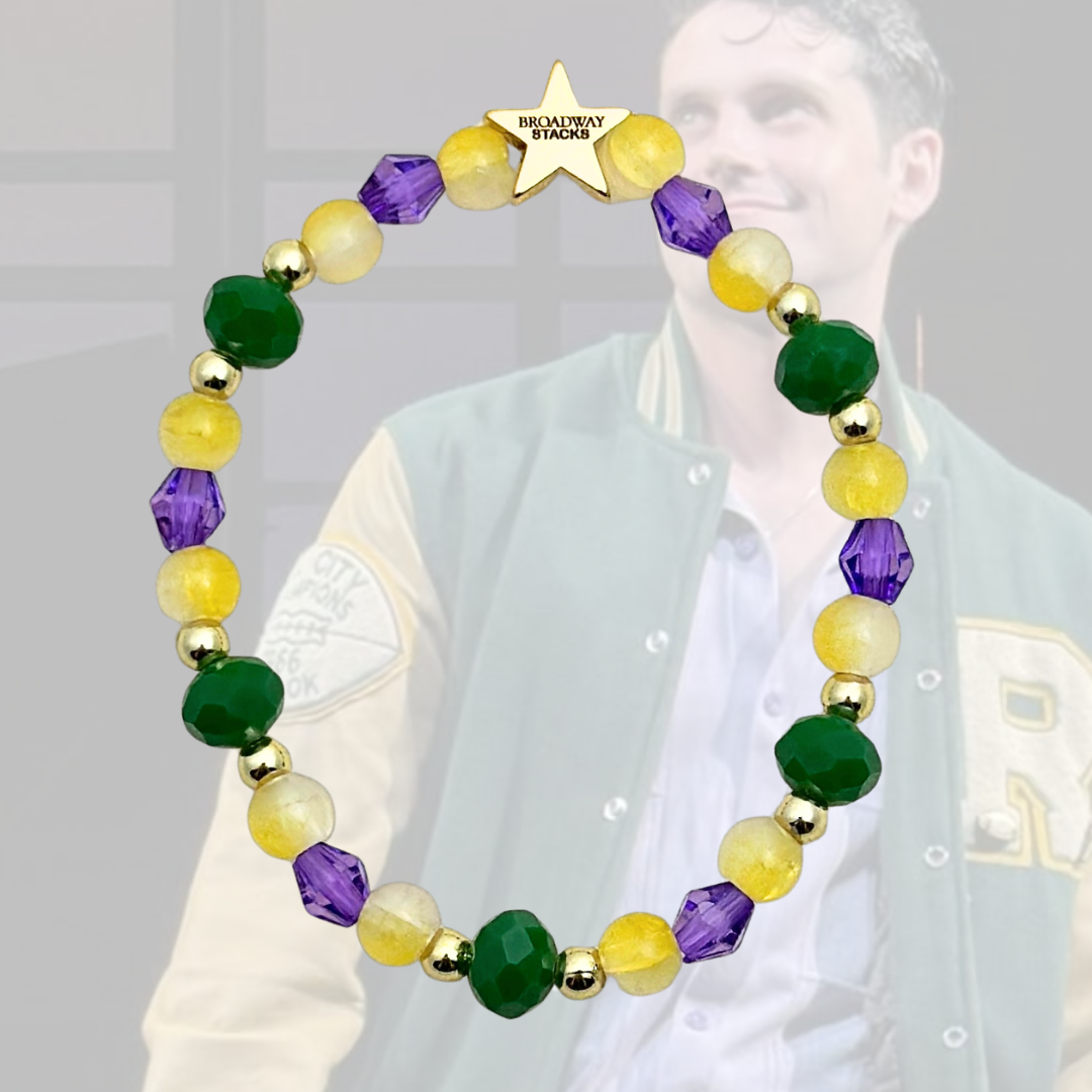Broadway Stacks STAY GOLD collection. Stretch bracelets included in Stack. Inspired by Bob from The Outsiders. Broadway Stacks gold star logo bead on back.