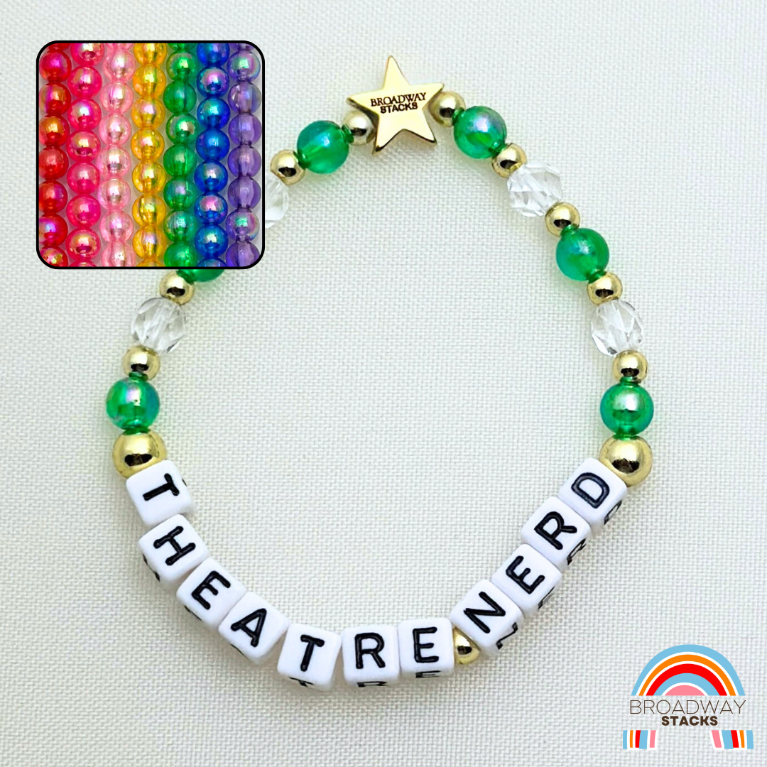 Broadway Stacks bead bracelet. Theatre -themed Theatre Nerd. Available in 7 colors. Gold accent beads and gold star logo bead.