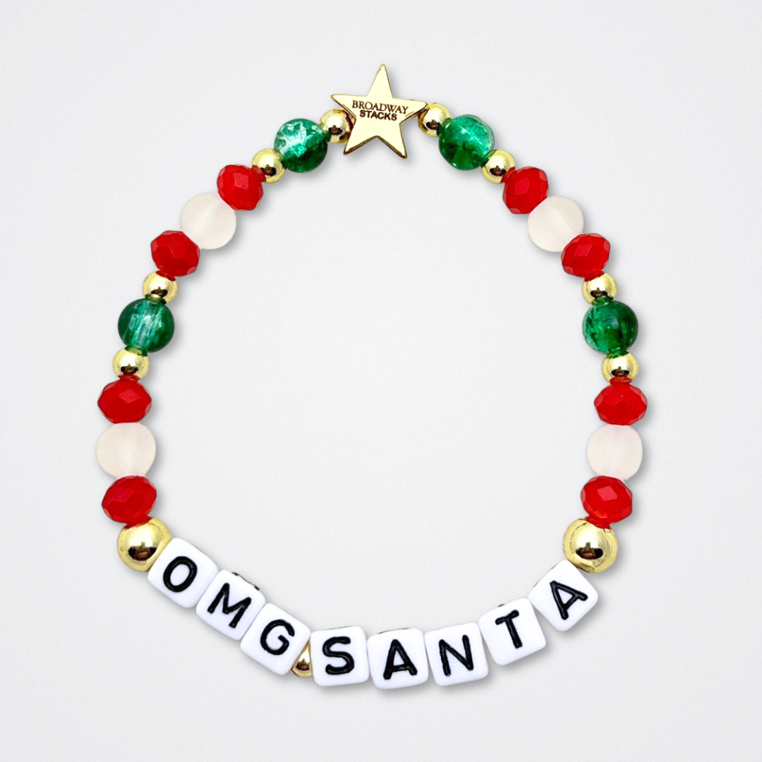 Broadway Stacks CHRISTMAS ELF Collection. Coordinating bead bracelets included in Stack. Red, green, white and gold colored beads. Letter beads that spell quotes. Gold star logo bead to remind you that you shine. Elf the Musical and Christmas holiday fans.