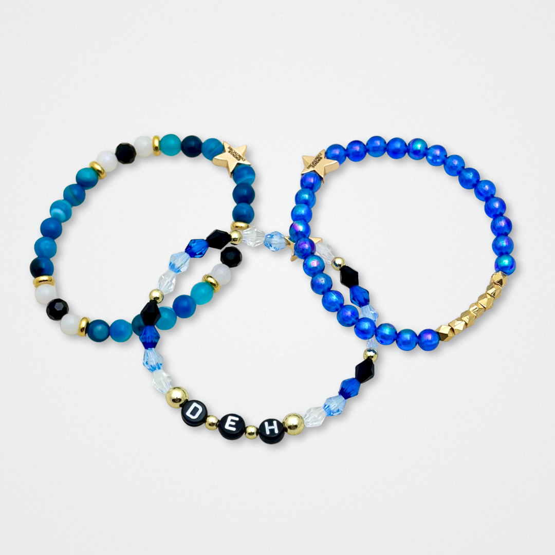 Broadway Stacks SKY collection. 3 stretch bracelets included in Stack. Blues, white, black and gold colored beads. Letter beads that spell quotes. Gold star logo bead to remind you that You Shine. Dear Evan Hansen DEH fans.