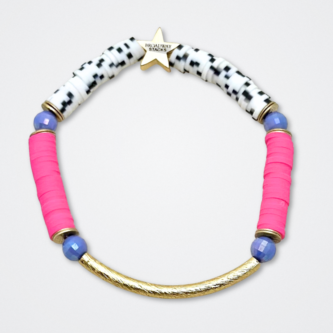 Broadway Stacks POTUS collection. 3 stretch bracelets included in Stack. Pinks, white, blue, golds and black colored beads. Letter beads that spell show quotes. Broadway Stacks gold star logo bead to remind you that You Shine. POTUS play fans.