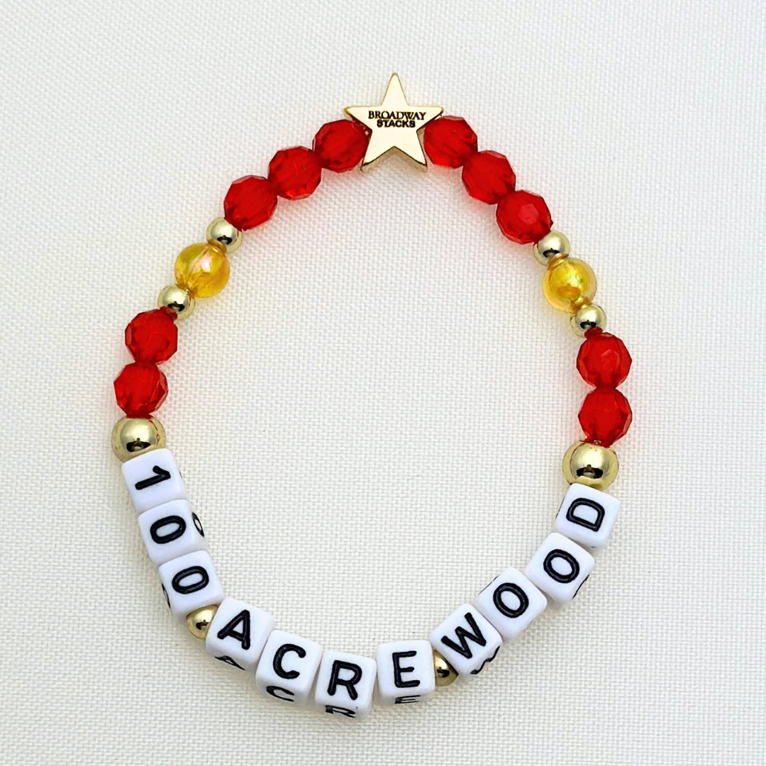 Broadway Stacks HONEY Collection. 3 stretch bracelets included in Stack. Red, yellow and gold colored beads. Letter beads that spell quotes. Gold star logo bead to remind you that you shine.