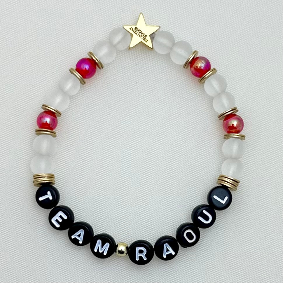 Broadway Stacks MASK collection. Team Phantom, Team Raoul, Team Christine letter bracelets. Stretch bracelet with red, black, gold and beads. Broadway Stacks gold star logo bead.