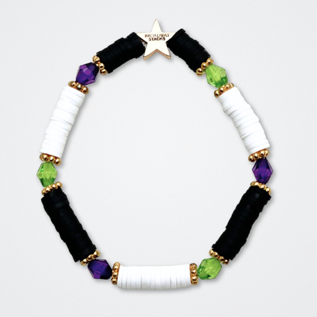 Broadway Stacks NETHERWORLD Collection. 5 stretch bracelets included in Stack. Green, black, purple, striped and gold colored beads. Letter beads that spell quotes. Gold star logo bead to remind you that You Shine. Beetlejuice fans.