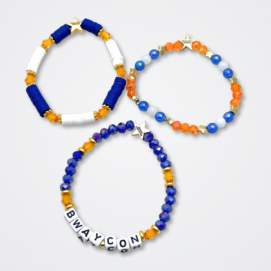 Broadway Stacks BroadwayCon 2024 Stack bracelets. 3 stretch bracelets. Blue, orange, white and gold colored beads. Letter beads that spell Bway Con. All have star logo bead.