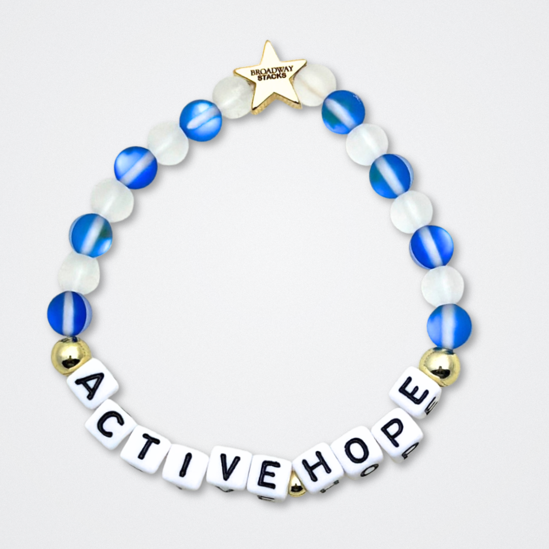 Earth Day Special Edition bracelet. Stack of 3 bracelets. Green, blue, white and gold beads. Letter beads that spell Earth Day 25 and Active Hope. Gold star logo bead to remind you that You Shine.