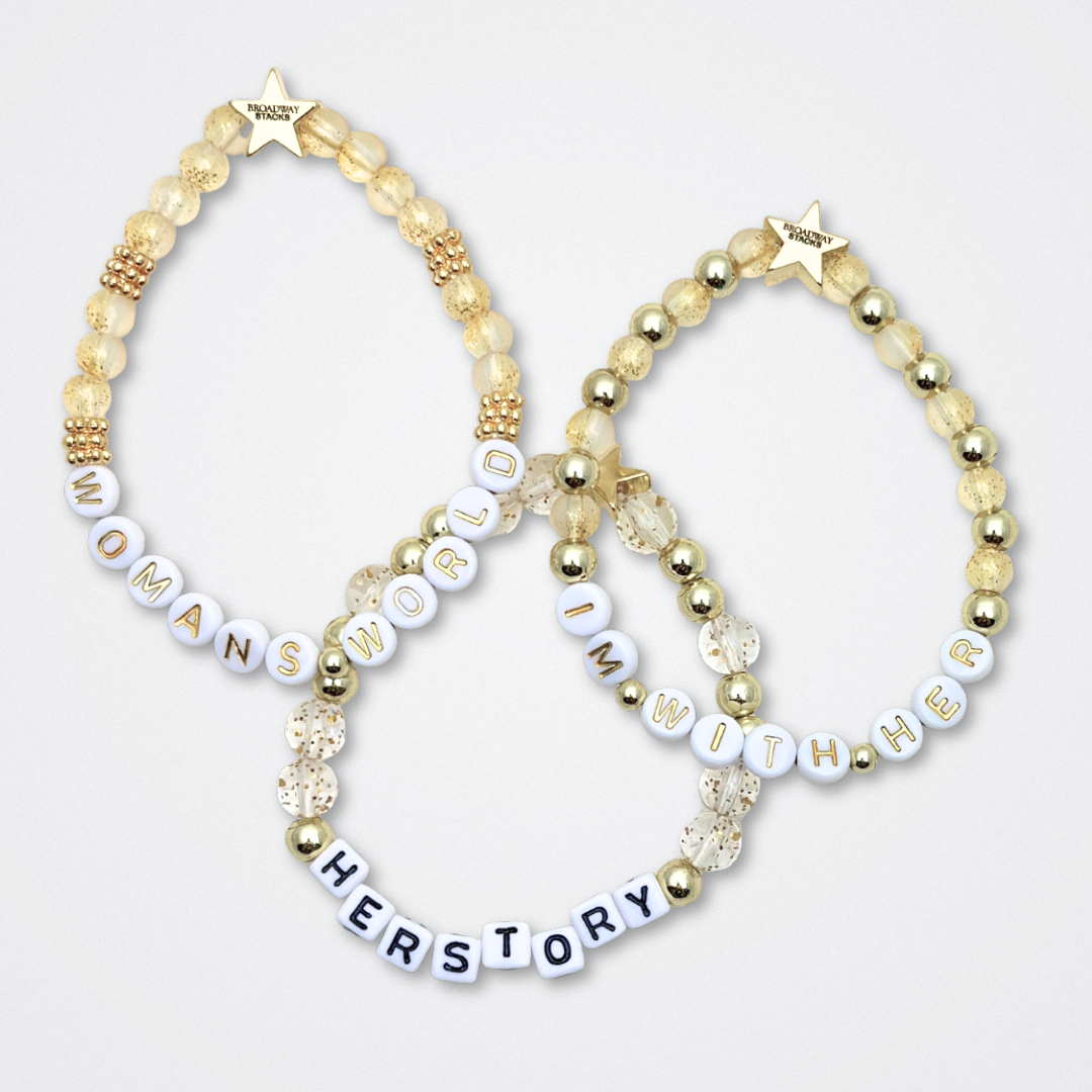 Broadway Stacks EmpowHER bracelet collection. Gold, glitter and letter beads that spell out quotes. Gold star logo bead to remind yourself that You Shine. Self-empowerment inspiration reminders.