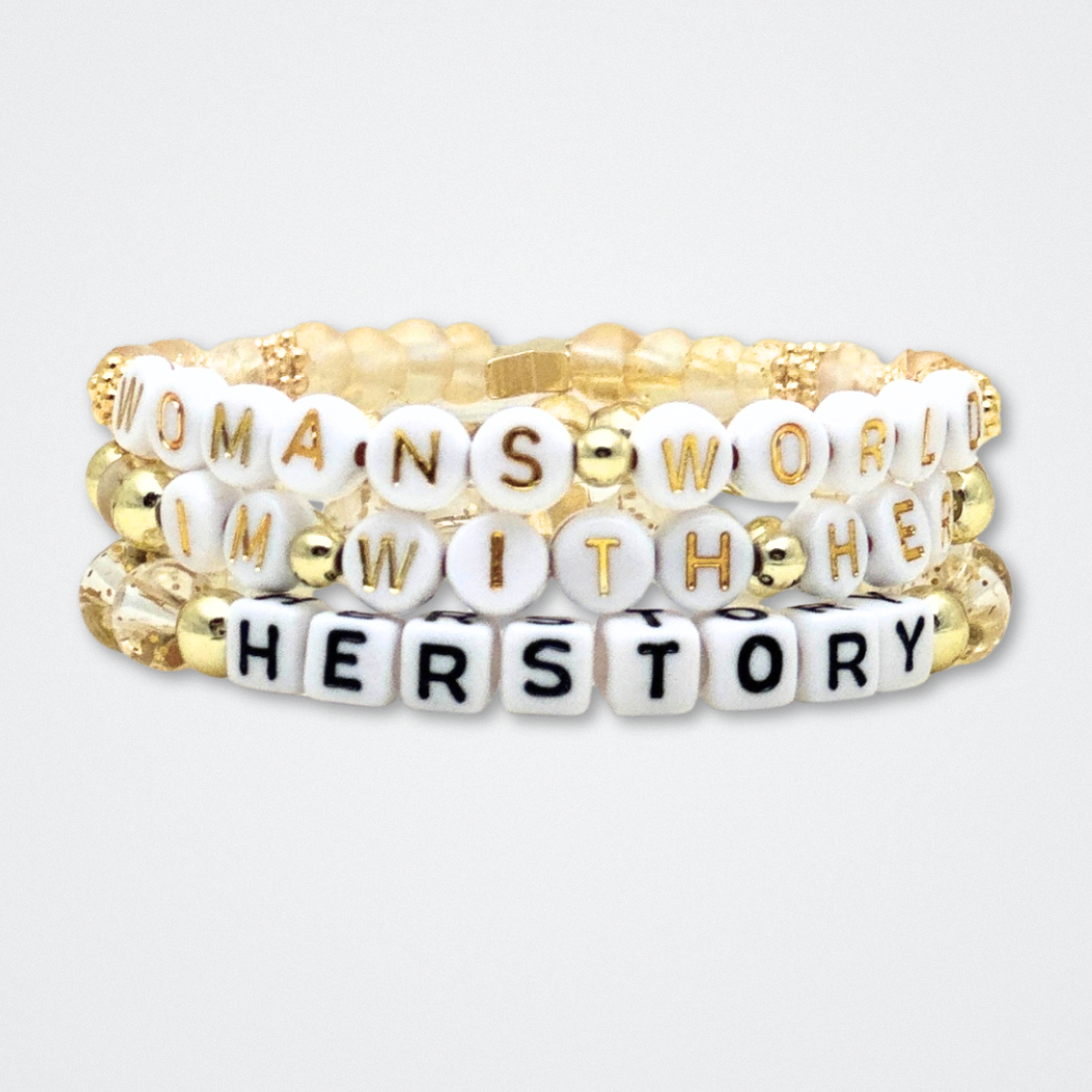 Broadway Stacks EmpowHER bracelet collection. Gold, glitter and letter beads that spell out quotes. Gold star logo bead to remind yourself that You Shine. Self-empowerment inspiration reminders.