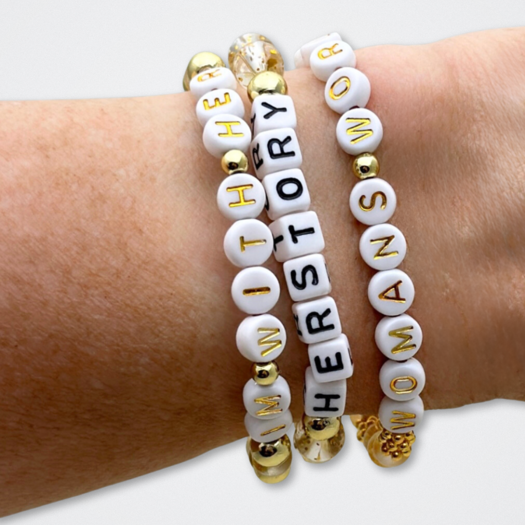 Broadway Stacks EmpowHER bracelet collection. Gold, glitter and letter beads that spell out quotes. Gold star logo bead to remind yourself that You Shine. Self-empowerment inspiration reminders.