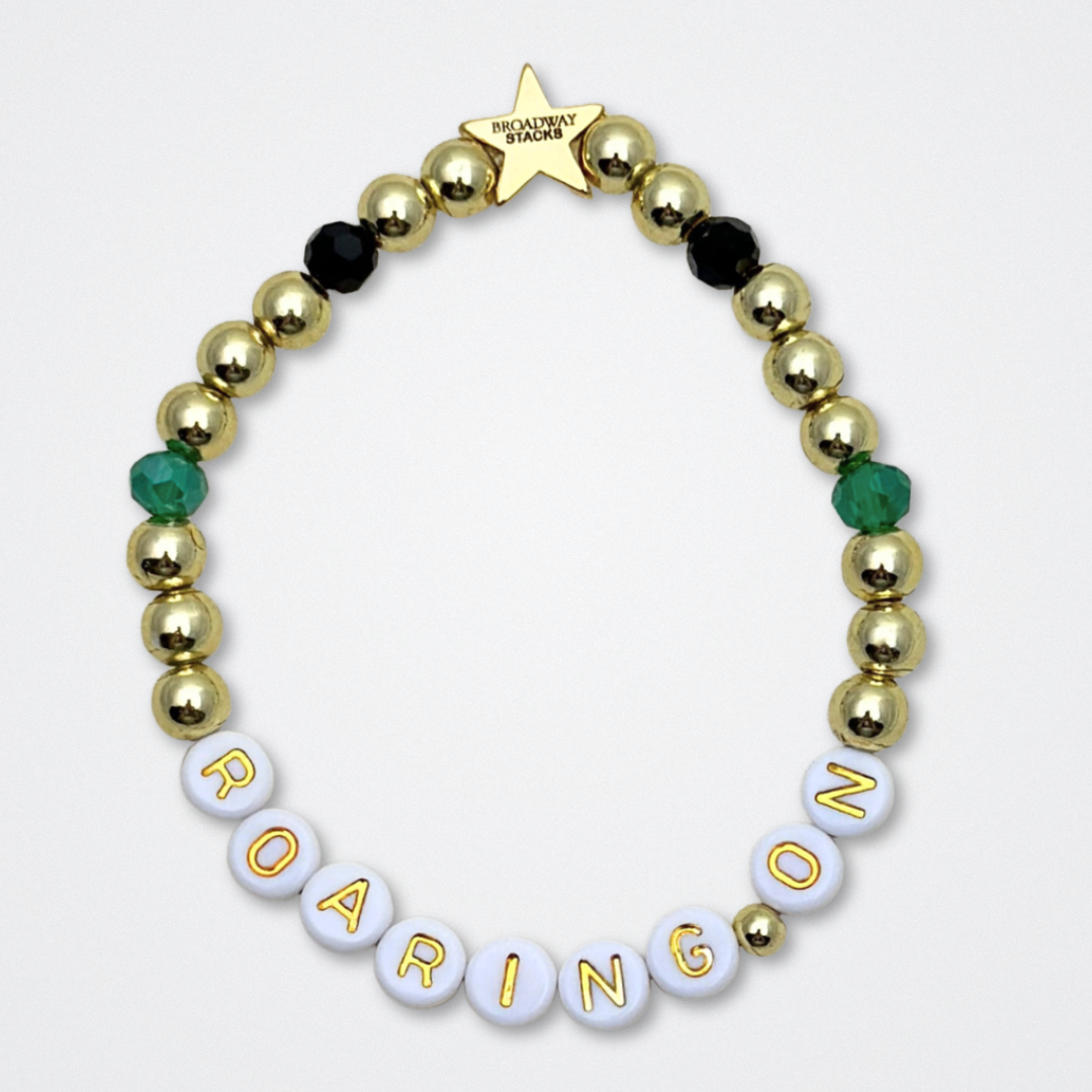 Broadway Stacks NEW MONEY Collection. 5 stretch bracelets included in Stack. Teal, green, black and gold colored beads. Letter beads that spell quotes. Gold star logo bead to remind you that You Shine. Great Gatsby fans.