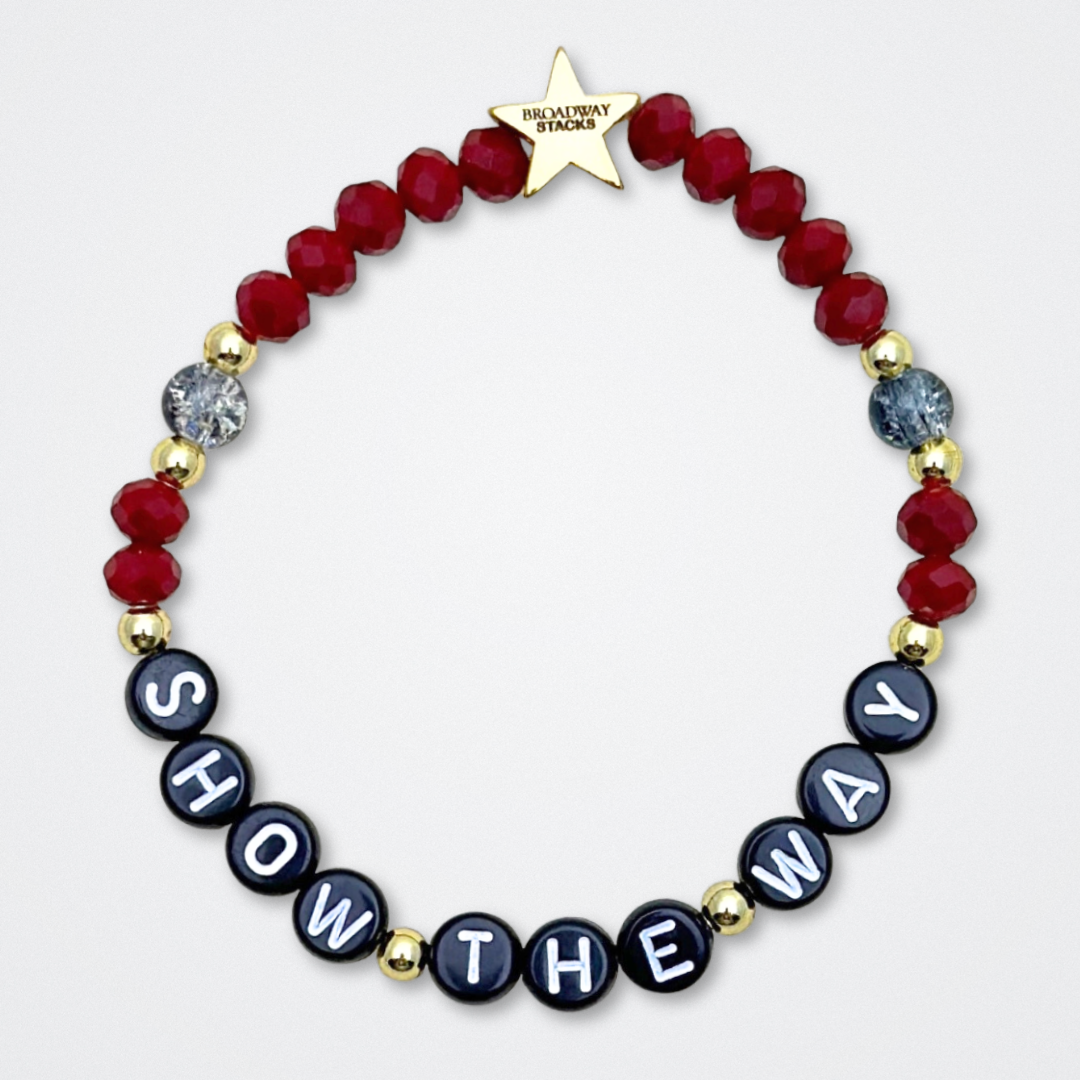Broadway Stacks UNDERWORLD collection. 5 stretch bracelets included in Stack. Red, garnet, black and gold colored beads. Letter beads that spell quotes. Gold star logo bead to remind you that you shine. Hadestown fans.