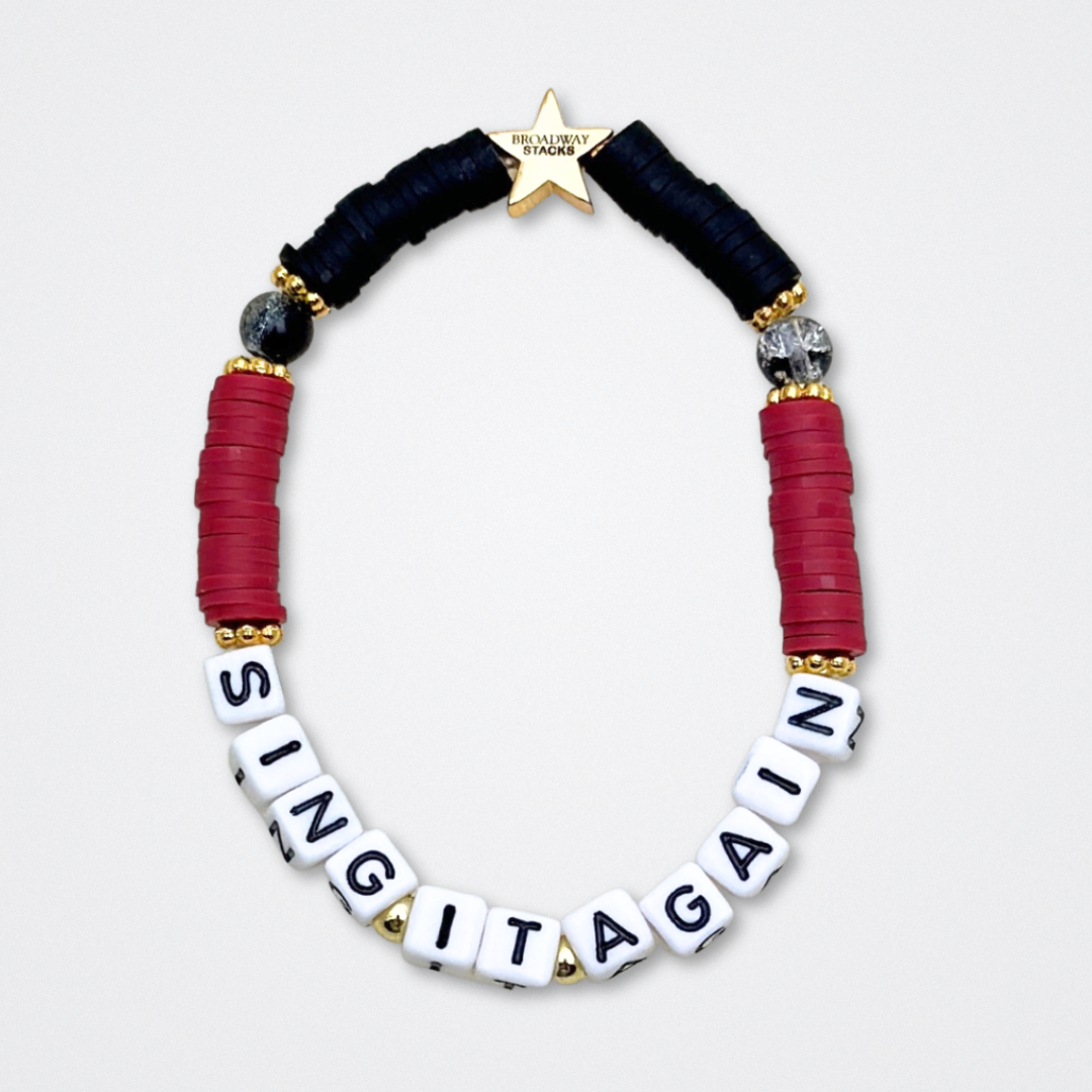 Broadway Stacks UNDERWORLD collection. 5 stretch bracelets included in Stack. Red, garnet, black and gold colored beads. Letter beads that spell quotes. Gold star logo bead to remind you that you shine. Hadestown fans.