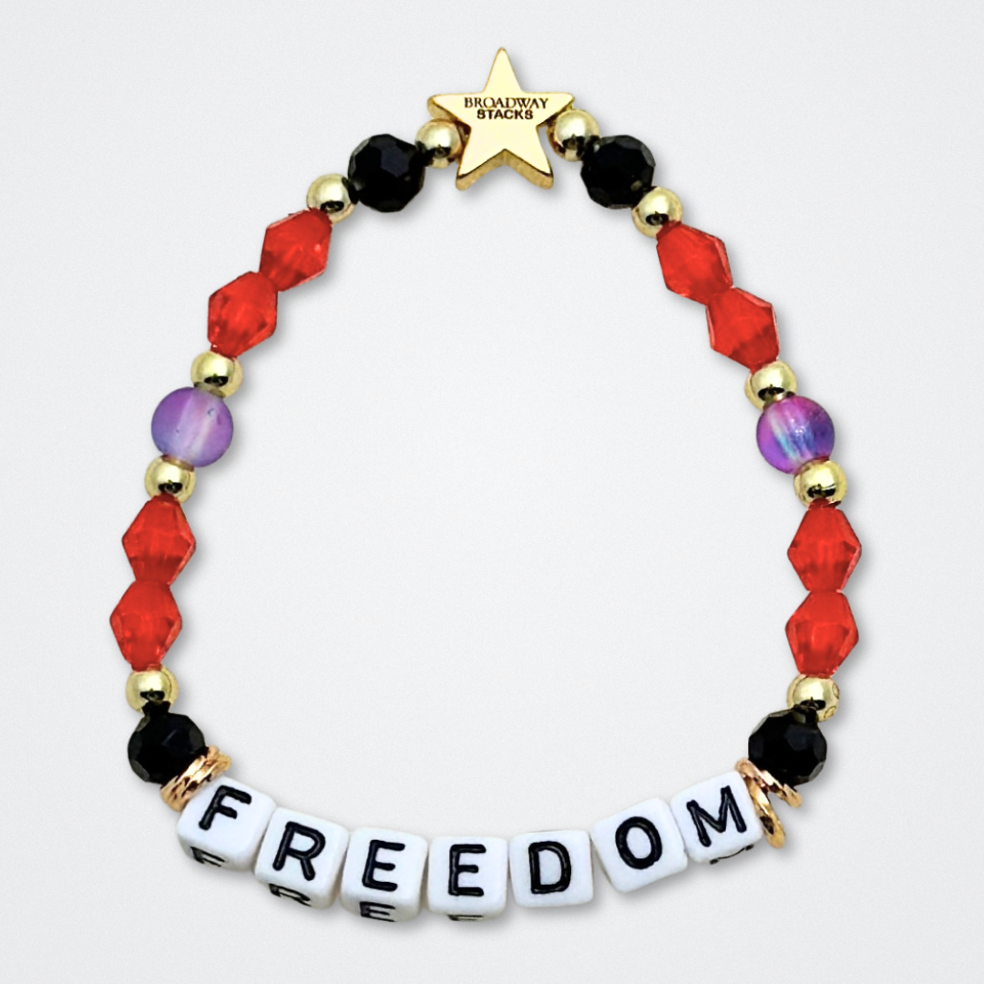 Broadway Stacks RED LIGHT Collection. 5 stretch bracelets included in Stack. Red, purple, black and gold colored beads. Letter beads that spell quotes. Gold star logo bead to remind you that You Shine. Moulin Rouge fans.