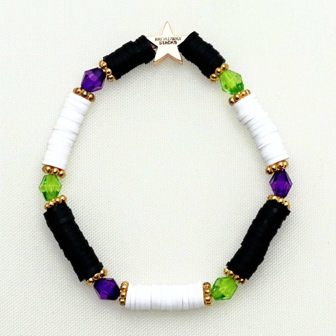 Broadway Stacks NETHERWORLD Collection. 5 stretch bracelets included in Stack. Green, black, purple, striped and gold colored beads. Letter beads that spell quotes. Gold star logo bead to remind you that you shine. Beetlejuice fans.