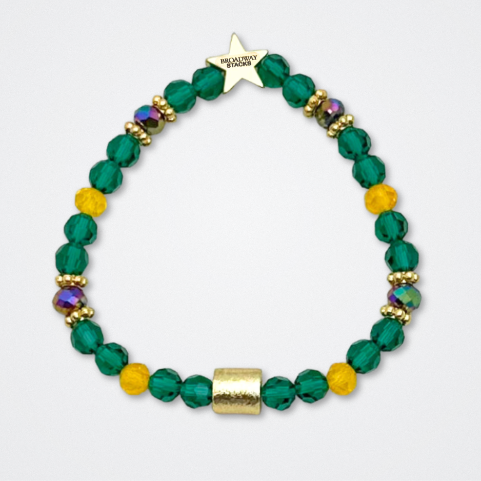 Broadway Stacks STAY GOLD collection. Stretch bracelets included in Stack. Gold, yellow, green and grey colored beads. Letter beads that have show quote or name. Broadway Stacks gold star logo bead to remind you that You Shine. The Outsiders the Musical fans.