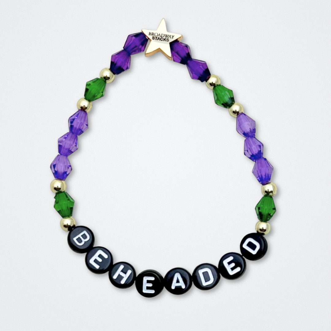 Broadway Stacks QUEEN collection. Stretch bracelets included in Stack. Gold, yellow, green, white, red, pink and blue colored beads. Letter beads that spell each queen. Also Herstory collection. Broadway Stacks gold star logo bead to remind you that You Shine. SIX the Musical fans.
