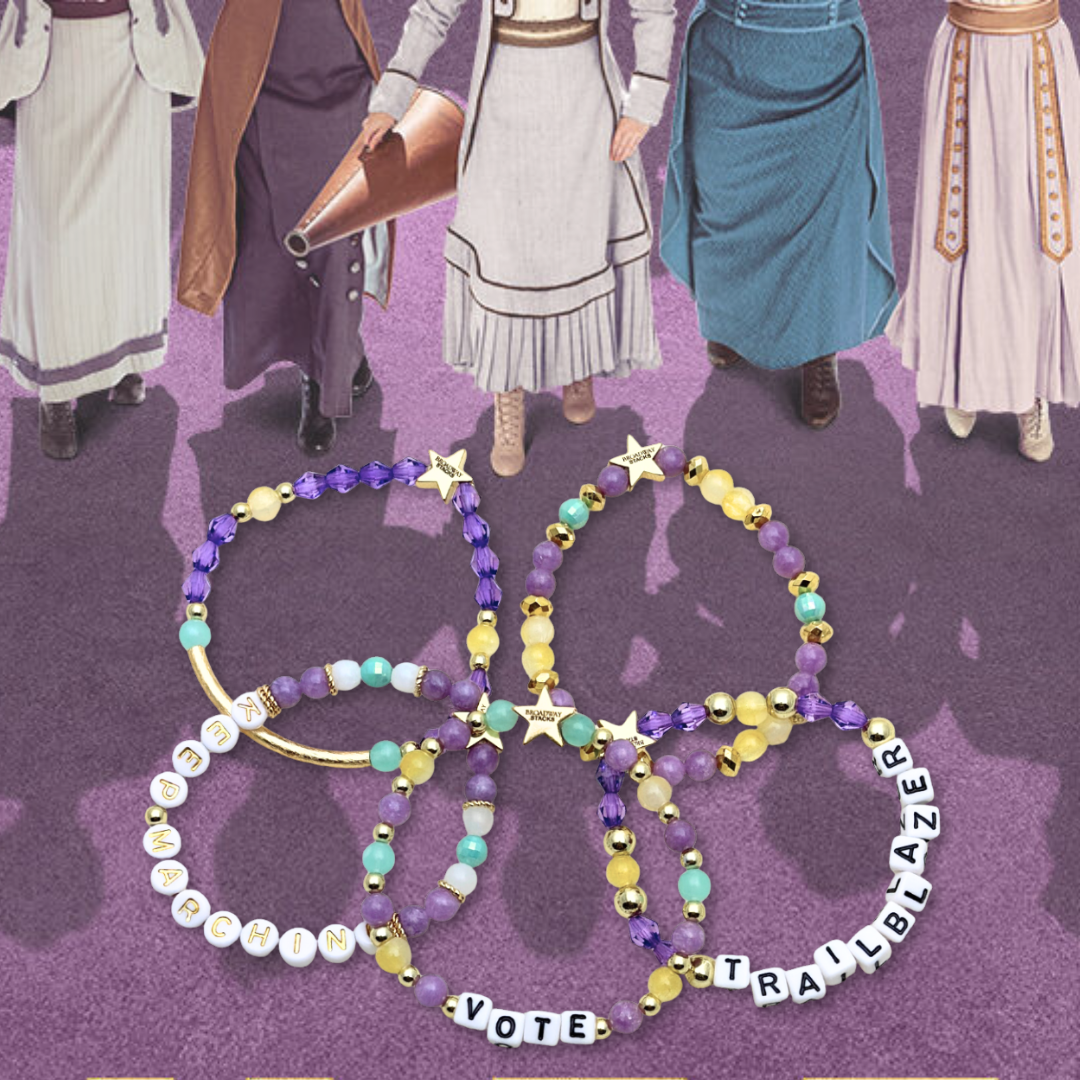 Broadway Stacks CAMPAIGN Collection. 5 stretch bracelets included in Stack. Purple, yellow, teal and gold colored beads. Letter beads that spell quotes. Gold star logo bead to remind you that you shine. Suffs fans.