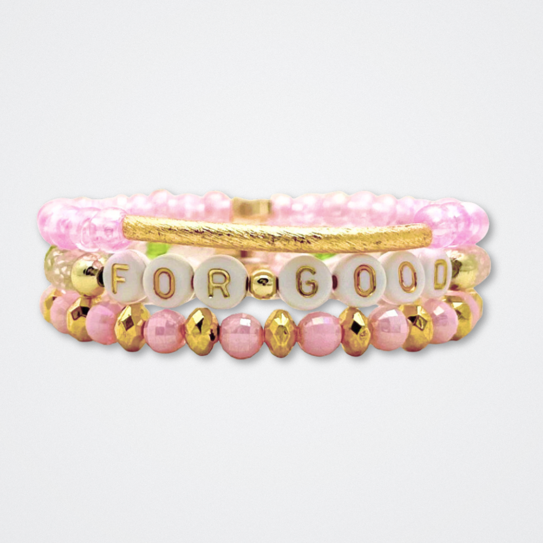 Broadway Stacks WITCH collection. 3 stretch bracelets included in Stack. Greens, pinks, black and gold colored beads. Letter beads that spell quotes. Gold star logo bead to remind you that You Shine. Wicked fans.