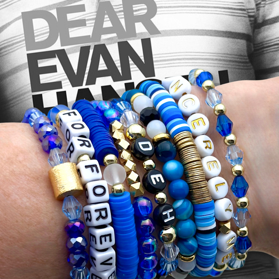 Broadway Stacks SKY collection. 3 stretch bracelets included in Stack. Blues, white, black and gold colored beads. Letter beads that spell quotes. Gold star logo bead to remind you that You Shine. Dear Evan Hansen DEH fans.
