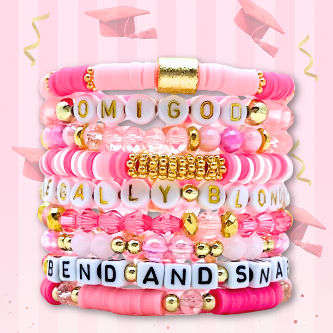 Broadway Stacks KEEP IT POSITIVE Collection. 9 stretch bracelets included in Stack. Pinks, white and gold colored beads. Letter beads that spell quotes. Gold star logo bead to remind you that you shine. Legally Blonde fans. 