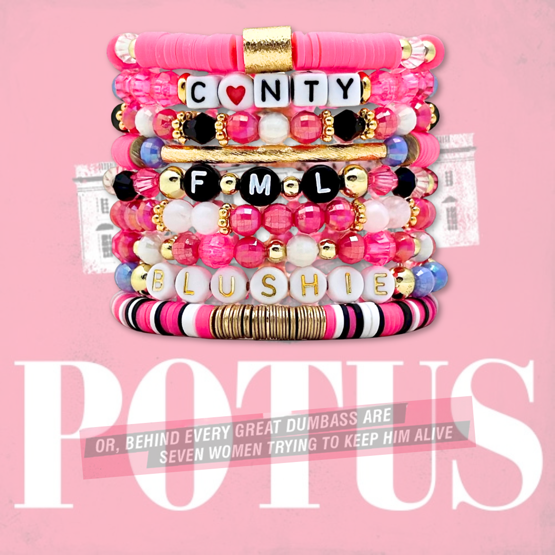 Broadway Stacks POTUS collection. 3 stretch bracelets included in Stack. Pinks, white, blue, golds and black colored beads. Letter beads that spell show quotes. Broadway Stacks gold star logo bead to remind you that You Shine. POTUS play fans.