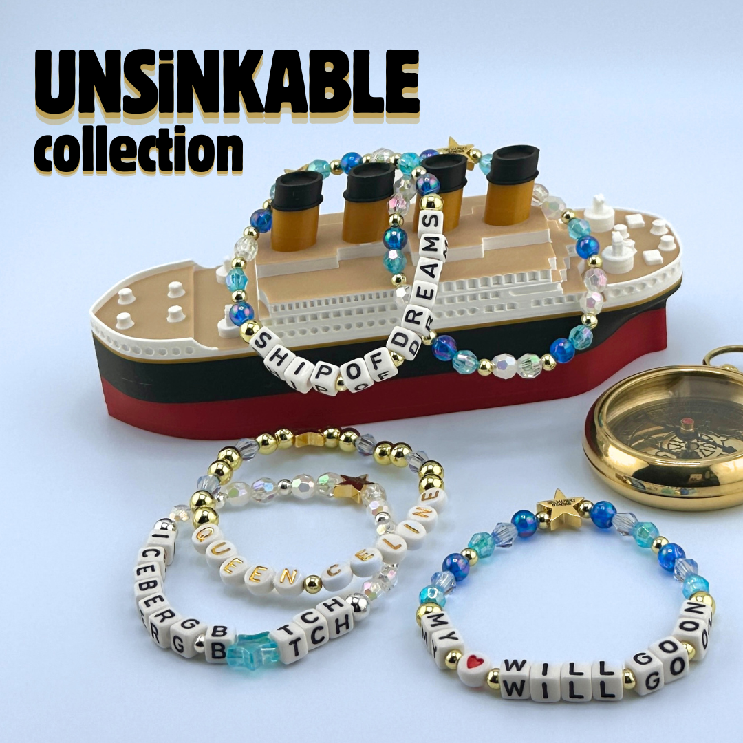 Broadway Stacks UNSINKABLE Collection bead bracelets with nautical themed decor on a light blue background