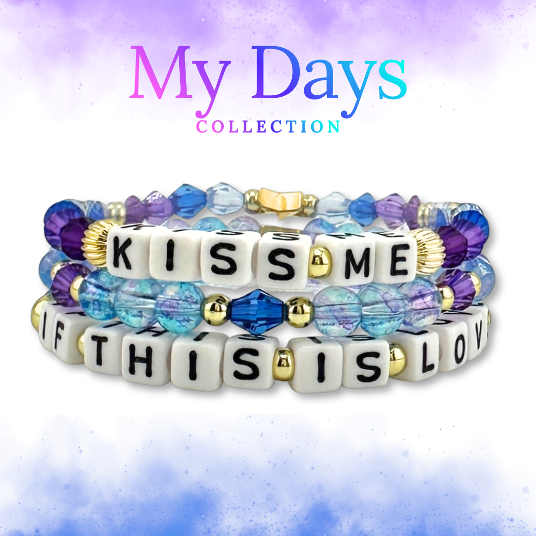 Broadway Stacks theatre-themed bracelet stack inspired by The Notebook Musical. My Days Collection with blue and purple beads on a watercolor background.