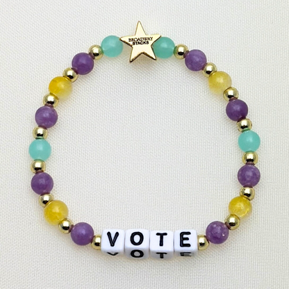 Suffs musical VOTE bead bracelet, purple, yellow, teal and gold beads, gold star logo bead of Broadway Stacks