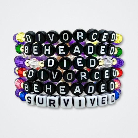 Broadway Stacks QUEEN collection. Stretch bracelets included in Stack. Gold, yellow, green, white, red, pink and blue colored beads. Letter beads that spell each queen. Also Herstory collection. Broadway Stacks gold star logo bead to remind you that You Shine. SIX the Musical fans.