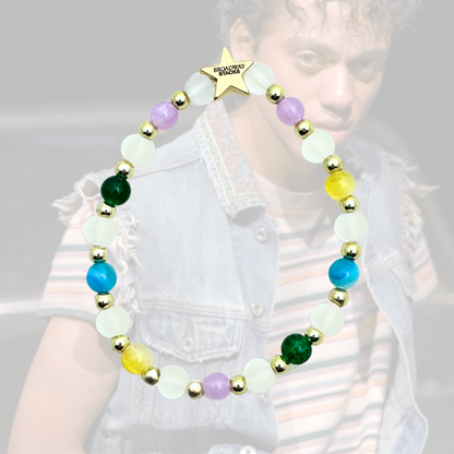 Broadway Stacks STAY GOLD collection. Stretch bracelets included in Stack. Inspired by Johnny Cade from The Outsiders. Broadway Stacks gold star logo bead on back.