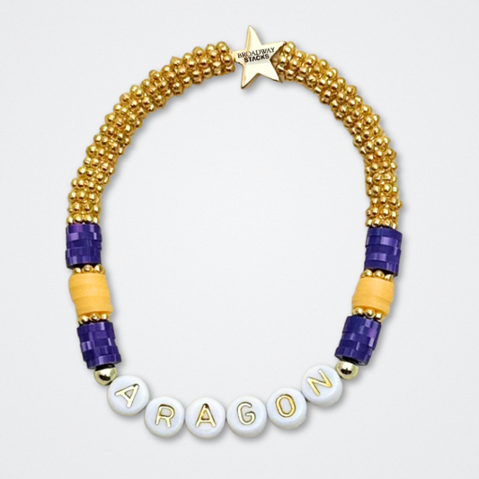Broadway Stacks QUEEN collection. Stretch bracelets included in Stack. Gold, yellow, green, white, red, pink and blue colored beads. Letter beads that spell each queen. Also Herstory collection. Broadway Stacks gold star logo bead to remind you that You Shine. SIX the Musical fans.