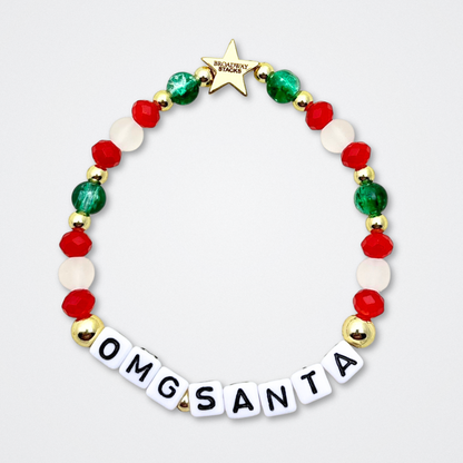 Broadway Stacks CHRISTMAS ELF Collection. Coordinating bead bracelets included in Stack. Red, green, white and gold colored beads. Letter beads that spell quotes. Gold star logo bead to remind you that you shine. Elf the Musical and Christmas holiday fans.