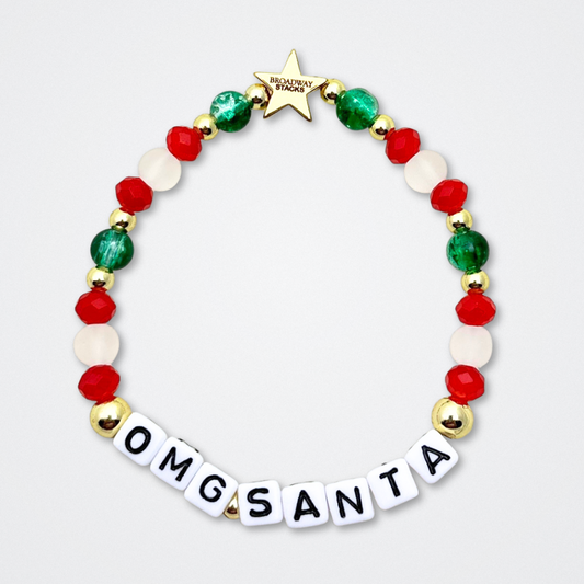 Broadway Stacks CHRISTMAS ELF Collection. Coordinating bead bracelets included in Stack. Red, green, white and gold colored beads. Letter beads that spell quotes. Gold star logo bead to remind you that you shine. Elf the Musical and Christmas holiday fans.