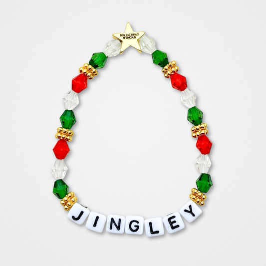 Broadway Stacks CHRISTMAS ELF Collection. Coordinating bead bracelets included in Stack. Red, green, white and gold colored beads. Letter beads that spell quotes. Gold star logo bead to remind you that you shine. Elf the Musical and Christmas holiday fans.