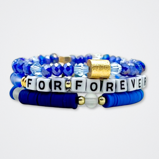Broadway Stacks SKY collection. 3 stretch bracelets included in Stack. Blues, white, black and gold colored beads. Letter beads that spell quotes. Gold star logo bead to remind you that You Shine. Dear Evan Hansen DEH fans.