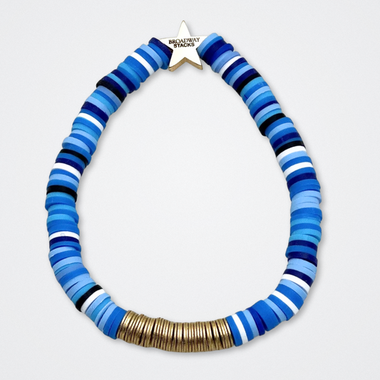 Broadway Stacks SKY collection. 3 stretch bracelets included in Stack. Blues, white, black and gold colored beads. Letter beads that spell quotes. Gold star logo bead to remind you that You Shine. Dear Evan Hansen DEH fans.