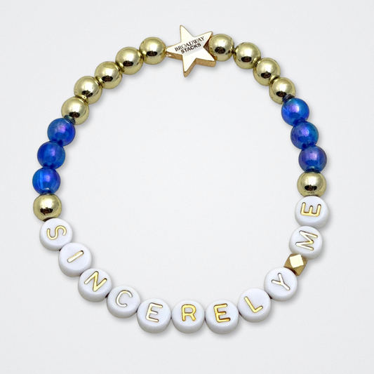 Broadway Stacks SKY collection. 3 stretch bracelets included in Stack. Blues, white, black and gold colored beads. Letter beads that spell quotes. Gold star logo bead to remind you that You Shine. Dear Evan Hansen DEH fans.