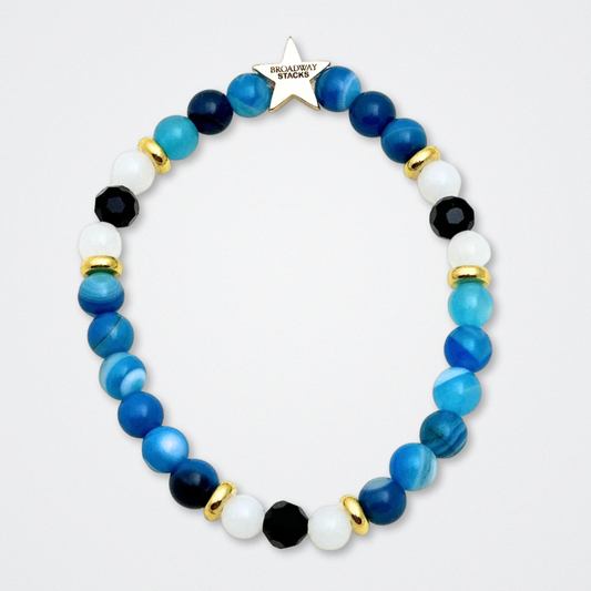 Broadway Stacks SKY collection. 3 stretch bracelets included in Stack. Blues, white, black and gold colored beads. Letter beads that spell quotes. Gold star logo bead to remind you that You Shine. Dear Evan Hansen DEH fans.