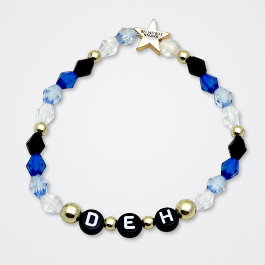 Broadway Stacks SKY collection. 3 stretch bracelets included in Stack. Blues, white, black and gold colored beads. Letter beads that spell quotes. Gold star logo bead to remind you that You Shine. Dear Evan Hansen DEH fans.