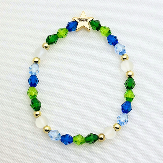 Earth Day 2025 Special Edition bracelet. Stack of 3 bracelets. Green, blue, white and gold beads. Letter beads that spell Earth Day 25 and Active Hope. Gold star logo bead to remind you that you shine.