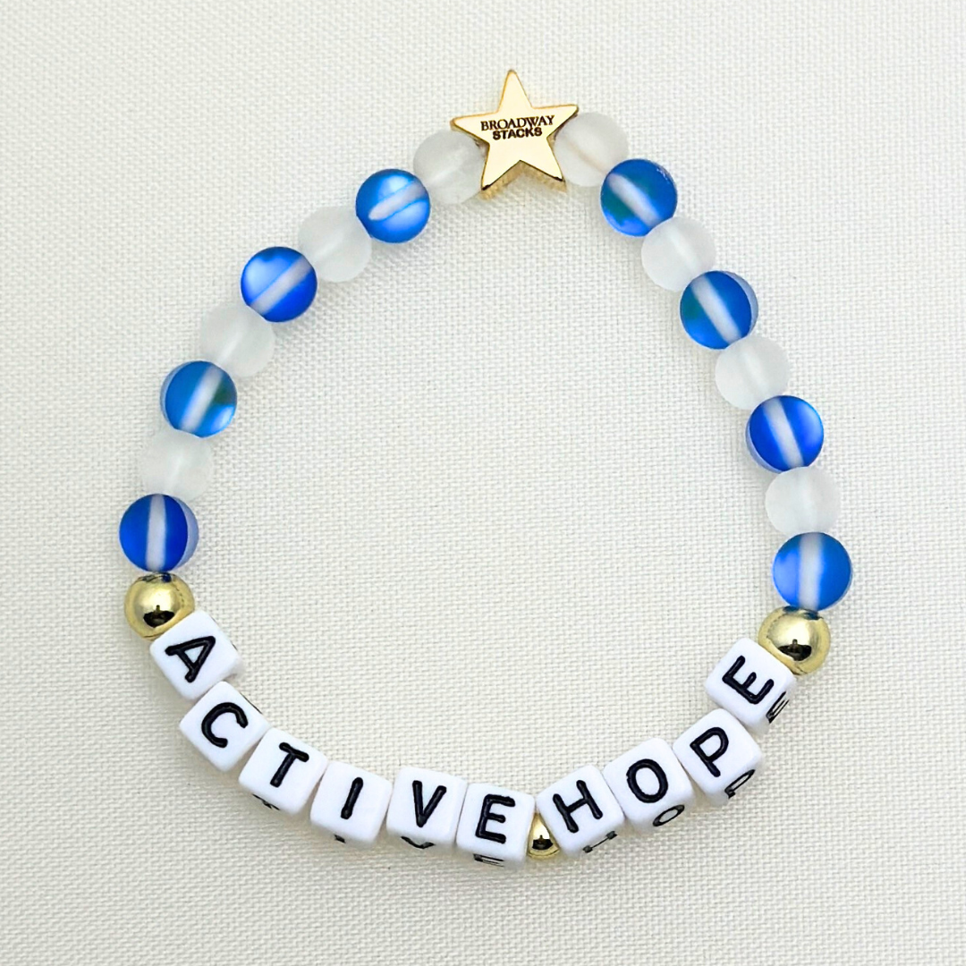 Earth Day 2025 Special Edition bracelet. Stack of 3 bracelets. Green, blue, white and gold beads. Letter beads that spell Earth Day 25 and Active Hope. Gold star logo bead to remind you that you shine.