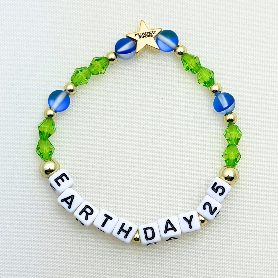 Earth Day 2025 Special Edition bracelet. Stack of 3 bracelets. Green, blue, white and gold beads. Letter beads that spell Earth Day 25 and Active Hope. Gold star logo bead to remind you that you shine.