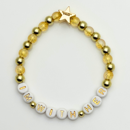 I'm With Her bead bracelet, gold glitter and gold beads, gold star logo bead of Broadway Stacks