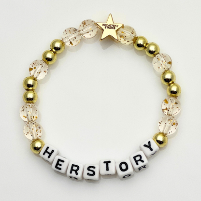 HERSTORY bead bracelet, gold glitter and gold beads, gold star logo bead of Broadway Stacks