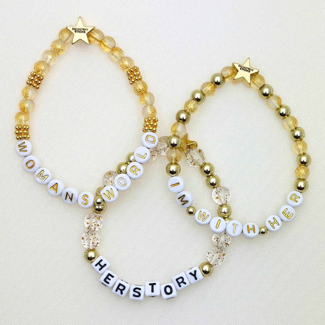 Female Empowerment bead bracelets, gold glitter and gold beads, gold star logo bead of Broadway Stacks