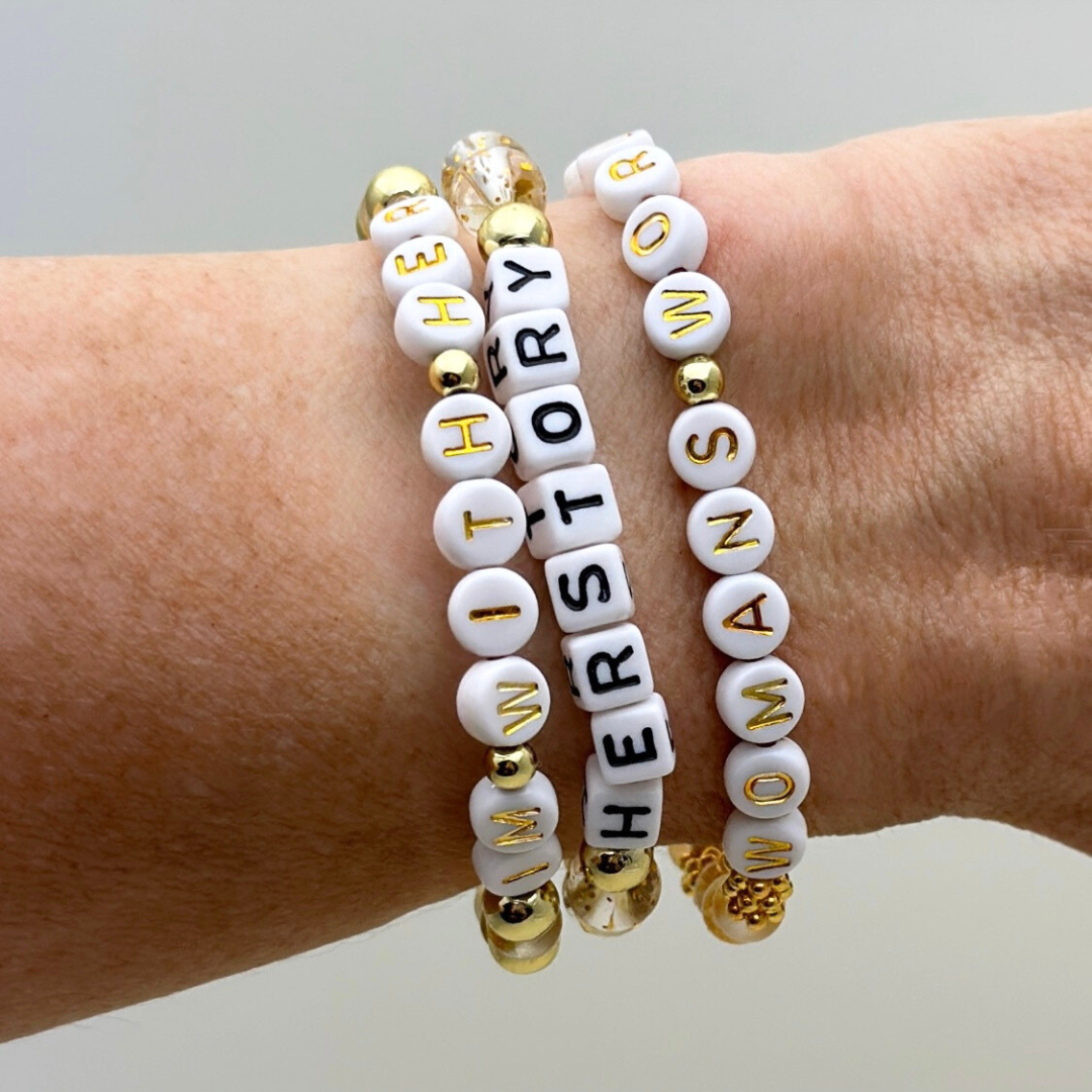 Female Empowerment bead bracelets, gold glitter and gold beads, gold star logo bead of Broadway Stacks